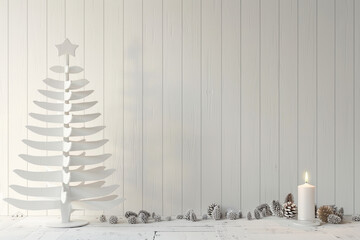 Scandinavian Christmas Aesthetic: White Wooden Background with Nordic Patterns, Natural Pine Cones, Andy Space for Text – Ideal for Holiday Promotions