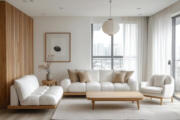 A modern Scandinavian interior in the living room with minimalist, sofa and table and pendant lighting. Generative AI
