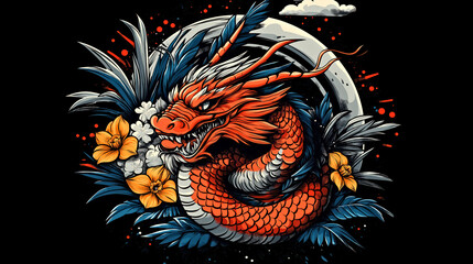 Vibrant Dragon Illustration Surrounded by Tropical Flowers and Foliage.Mythical red dragon and daffodils for st. David's day