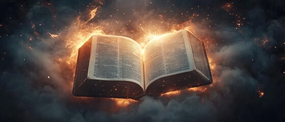 Glowing ancient book floating in dark clouds.