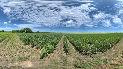 Lush green fields under a bright blue sky with scattered clouds.
