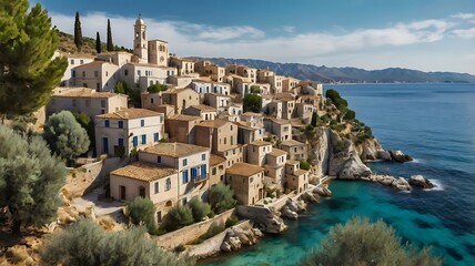 Obraz premium Coastal Village Buildings Nestled On A Hillside Overlooking The Sea