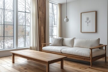 Fototapeta premium Minimalist, a living room photo of a combination of Scandinavian interiors and japandi interiors with wood finishing parts of the wall and sofa and table, Generative AI 