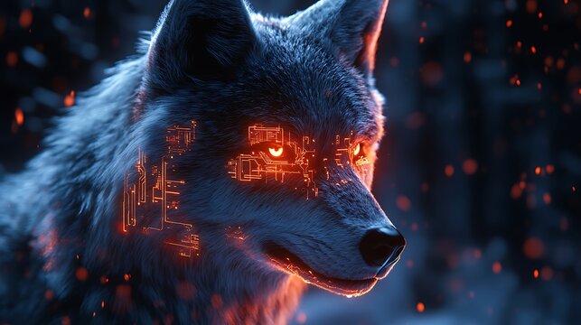A futuristic polygonal wolf face with a sleek metallic texture and glowing AI circuitry embedded in the design