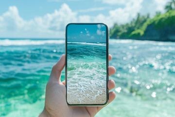 hand holds smartphone displaying beach scene, blending with real ocean view