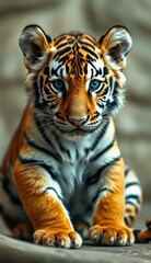 Curious tiger cub gazes at the observer in a serene environment, showcasing its playful nature and striking features