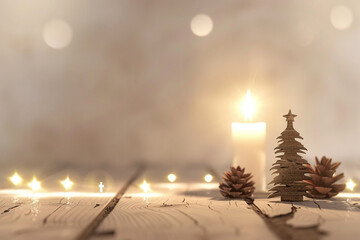 Scandinavian Christmas Aesthetic: White Wooden Background with Nordic Patterns, Natural Pine Cones, Andy Space for Text – Ideal for Holiday Promotions