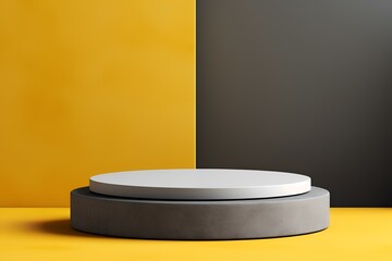 A minimalist display podium with contrasting yellow and gray backgrounds for product showcasing.