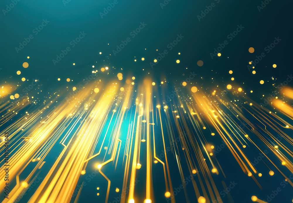 Poster abstract golden light streaks with circuit patterns and glowing particles, creating dynamic digital 