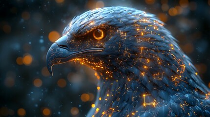 Obraz premium A polygonal eagle head illustration featuring a metallic surface with glowing circuits representing futuristic AI concepts
