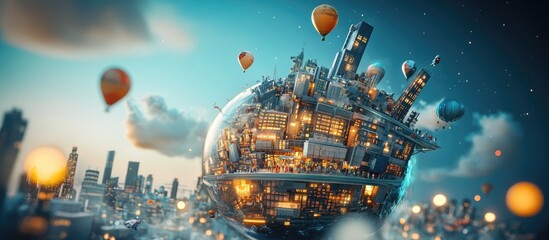 Fototapeta premium Miniature city inside a glass sphere, floating above a futuristic cityscape at sunset with hot air balloons.
