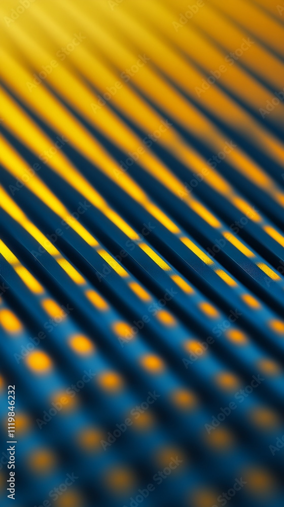 Fototapete Laser grid background. Bright yellow lines intersecting. Neon blue backdrop with depth. Geometric patterns and shapes. Vertical element for festive party, seminar talks, social media post