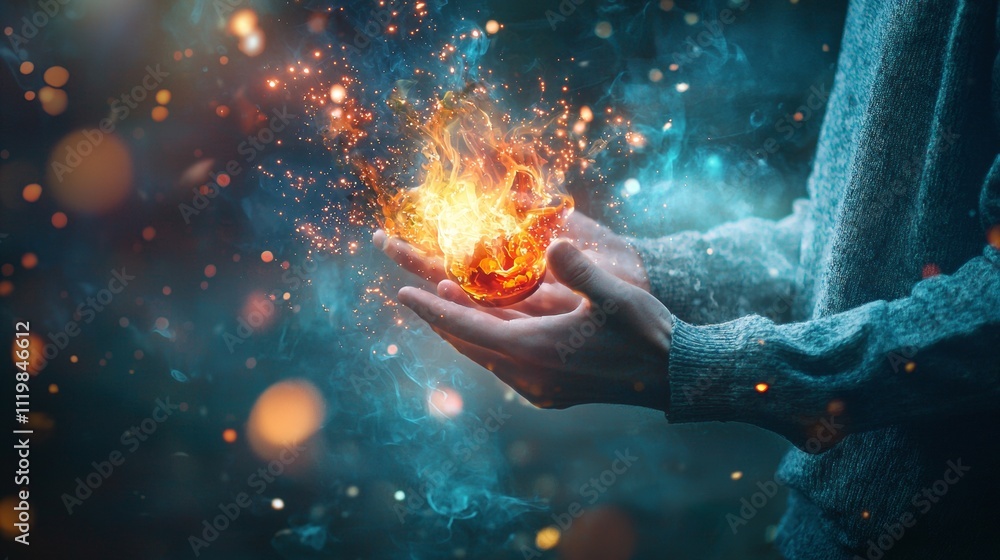 Aufkleber hands holding a flaming object with glowing particles in a mystical atmosphere