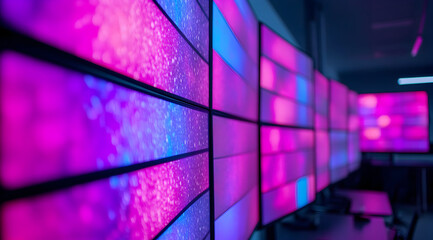 A vibrant display of interconnected screens showcasing dynamic purple and blue visuals in a modern tech environment.