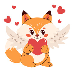 Cute  flat vector illustration with cupid fox  in a simple children's style for Valentine's Day.  Season stickers with wings, hearts. Vector illustration isolated on white