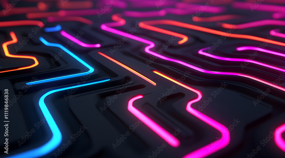 Poster a vibrant, abstract design featuring glowing neon lines in various colors on a dark background, crea