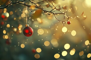 Fototapeta premium Festive Ornament on Branch with Golden Bokeh Lights