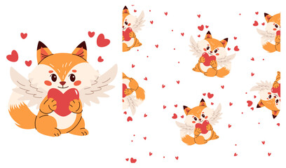 Collection of cute baby animals for children's products, prints, wallpapers, covers, prints on clothes. Cupid fox with wings, hearts. Seamless vector pattern. Vector illustration