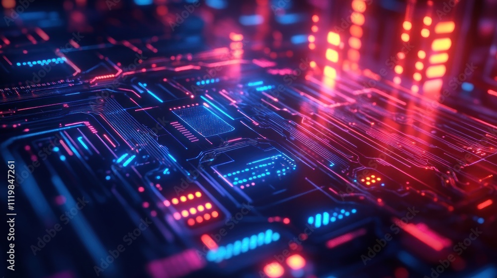 Poster futuristic digital circuit board with glowing lights and intricate patterns.