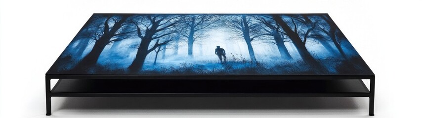 Modern coffee table with a misty forest scene on its top.