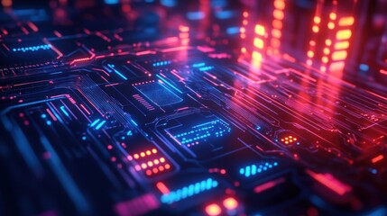 Obraz premium Futuristic digital circuit board with glowing lights and intricate patterns.