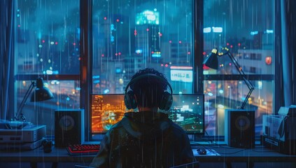 A young Asian man sits at his computer, rain falling outside the window, the city lights reflecting on the glass.  A serene, cyberpunk vibe.