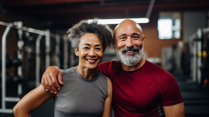 Fototapeta premium Middle aged couple at the gym posing for photo. Sport, active, action, strong, healthy, athletic, sportsman, muscle, bodybuilder, body, muscular, bodybuilding.