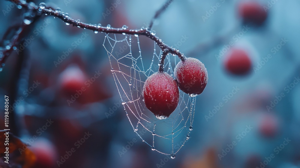 Poster two red berries covered in dew hang from a branch, entangled in a spiderweb.