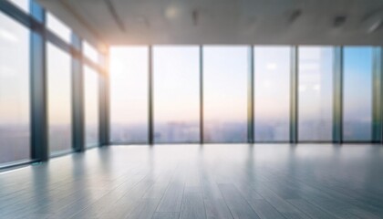  Beautiful blurred background of a light modern office interior with panoramic windows and beautiful lighting 