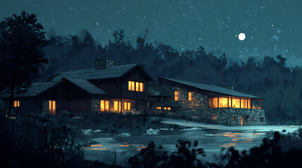 Fototapeta premium Modern house with stone and wood exterior. Twilight. Illustration