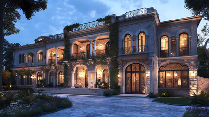 Naklejka premium Modern luxury villa with stone facade and glass walls. Twilight. Illustration