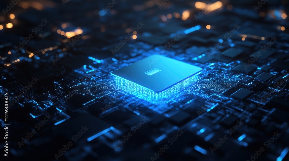 Aufkleber futuristic microchip on digital circuitry with glowing elements