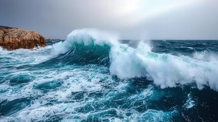 Fototapeta premium Powerful Ocean Waves Crashing Against Rocky Cliffs Under Dramatic Skies in a Low-Resolution Gigapixel Image Capturing Nature's Raw Beauty and Force