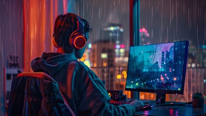 Obraz premium Young gamer engrossed in a nighttime gaming session, rain falling outside the window. Vibrant city lights illuminate the scene.