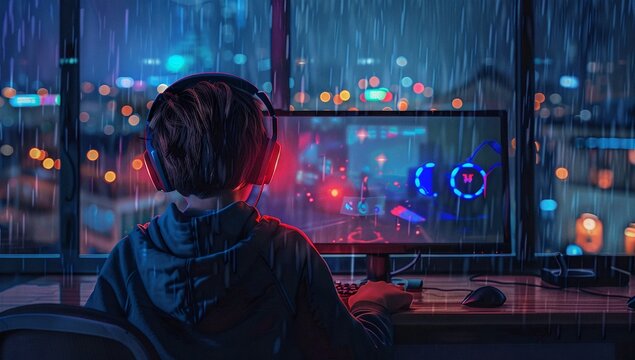A young gamer, engrossed in a nighttime gaming session, enjoys the immersive experience from their desk overlooking a rainy city.