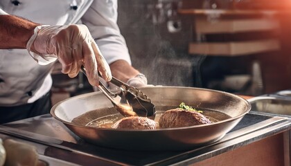Cooking a delicious main course in the restaurant kitchen 