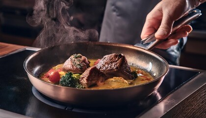 Cooking a delicious main course in the restaurant kitchen 