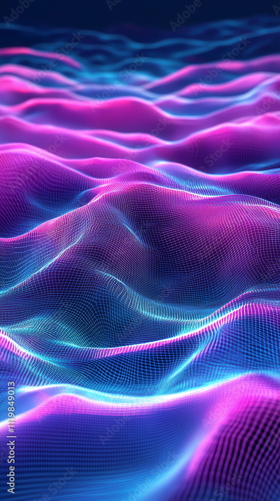 Poster neon digital landscape. bright cyan and magenta shapes creating depth. abstract 3d layers with light