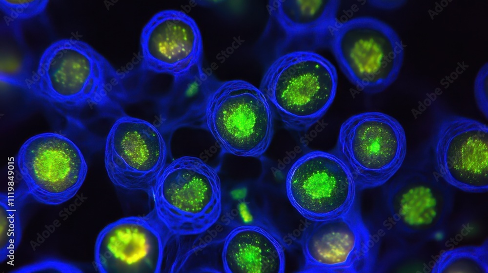 Poster microscopic view of colorful cell structures with blue background