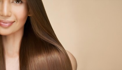 Fototapeta premium Beautiful model with long brown silky shining hair for hair products advertising