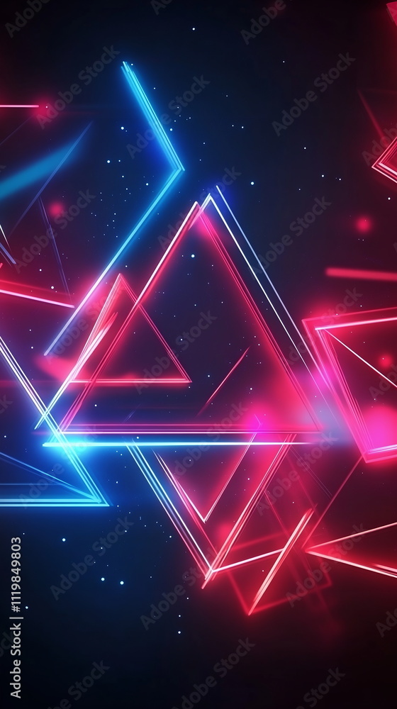 Poster neon geometric shapes. triangles and squares glowing in vibrant red and blue. layered design with so