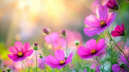 Vibrant pink cosmos flowers blooming in a sunlit field.