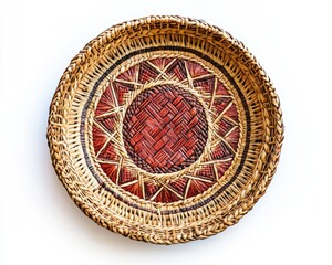 Round woven basket with intricate patterns on a white isolate background.