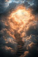 A serene staircase suspended in heavenly clouds leading to ethereal light, embodying a heavenly gateway.