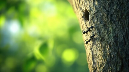 Close-up of ants on a tree trunk near their nest, highlighting nature's intricate ecosystem.
