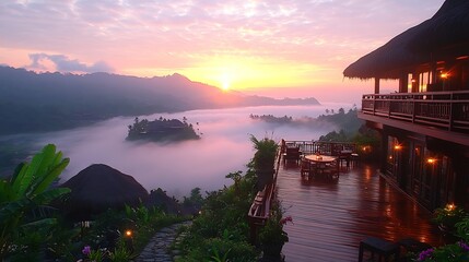 Fototapeta premium Sunrise over Misty Mountains Terrace View from Luxury Villa