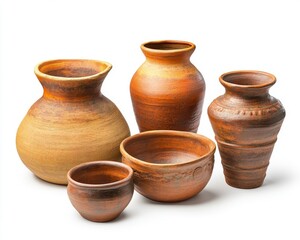 Set of handcrafted pottery vases in various shapes and sizes, isolated on white background.