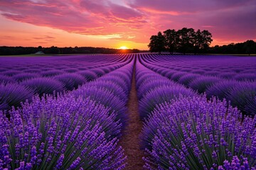 Fototapeta premium Vibrant lavender field at sunset with colorful skies