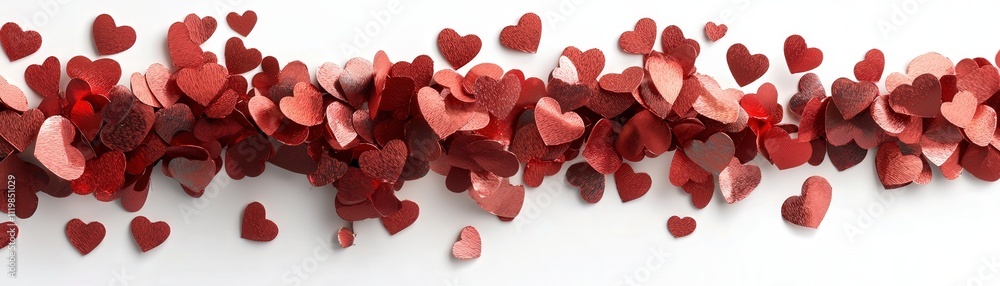Poster a cascading ribbon of shimmering heart confetti flowing horizontally across a clean white background