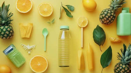 Flat lay of fresh citrus fruits, pineapple, and eco-friendly products on yellow background.